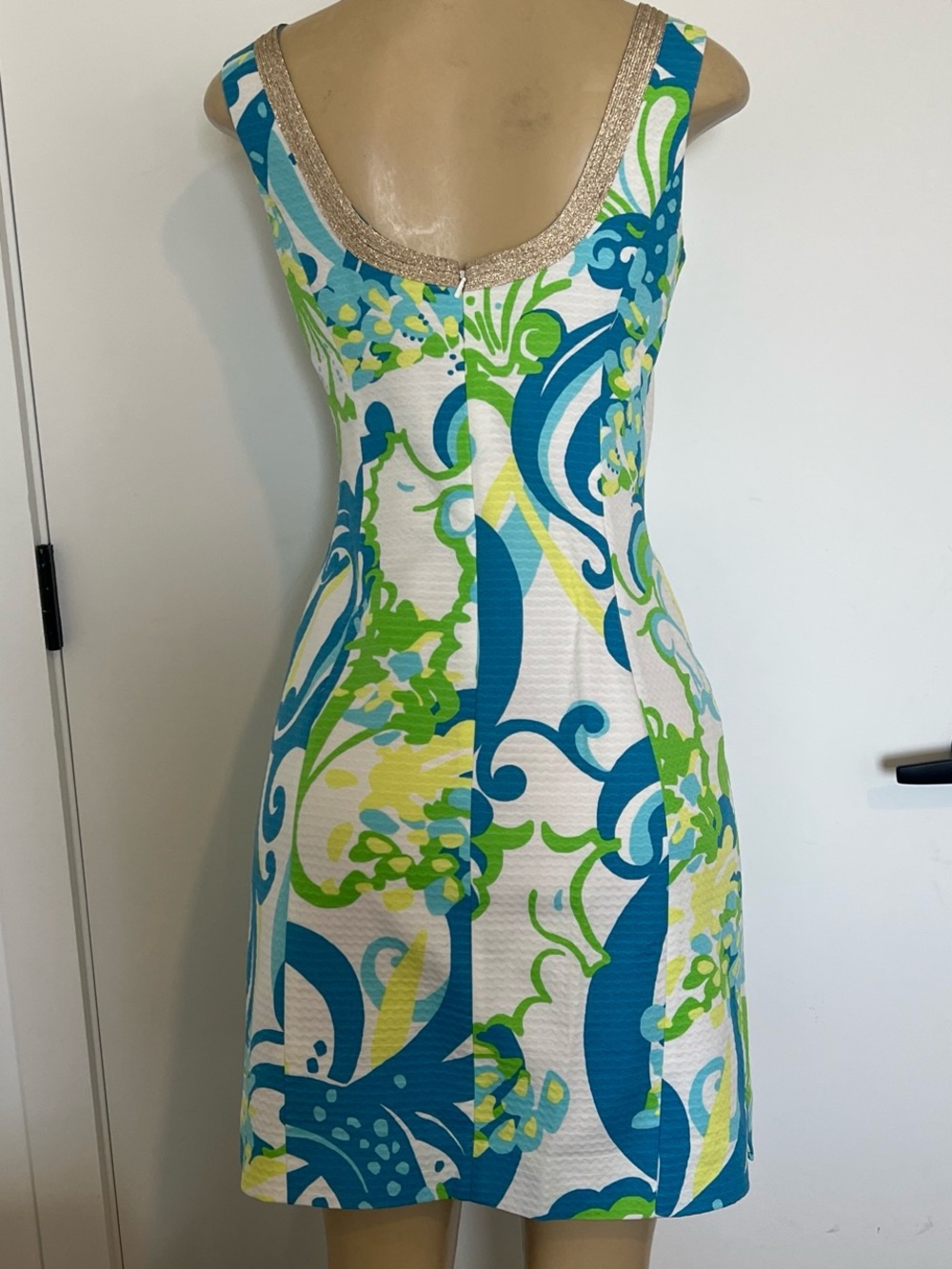 Lilly Pulitzer Blue, Teal & Lime Printed Sleeveless Dress with Gold Trim - Picture 3 of 3